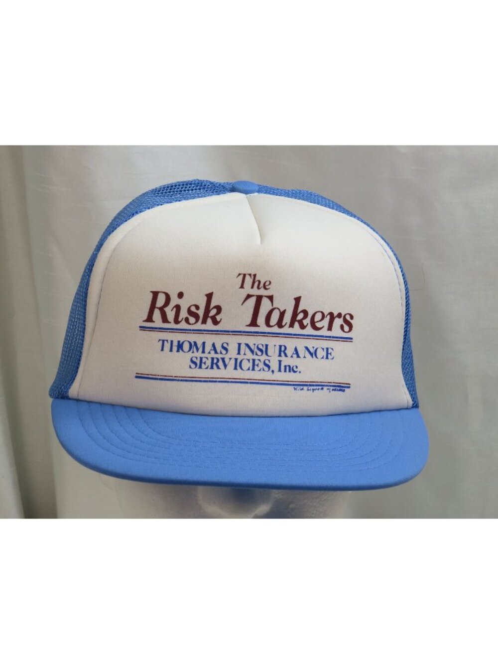 Vtg 1980s The Risk Takers Thomas Insurance White Blue Mesh Trucker Hat Snapback